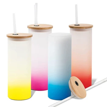 Vaso de Vidrio con Tapa de Bambú Azul Degradado 15 oz | Sublimable