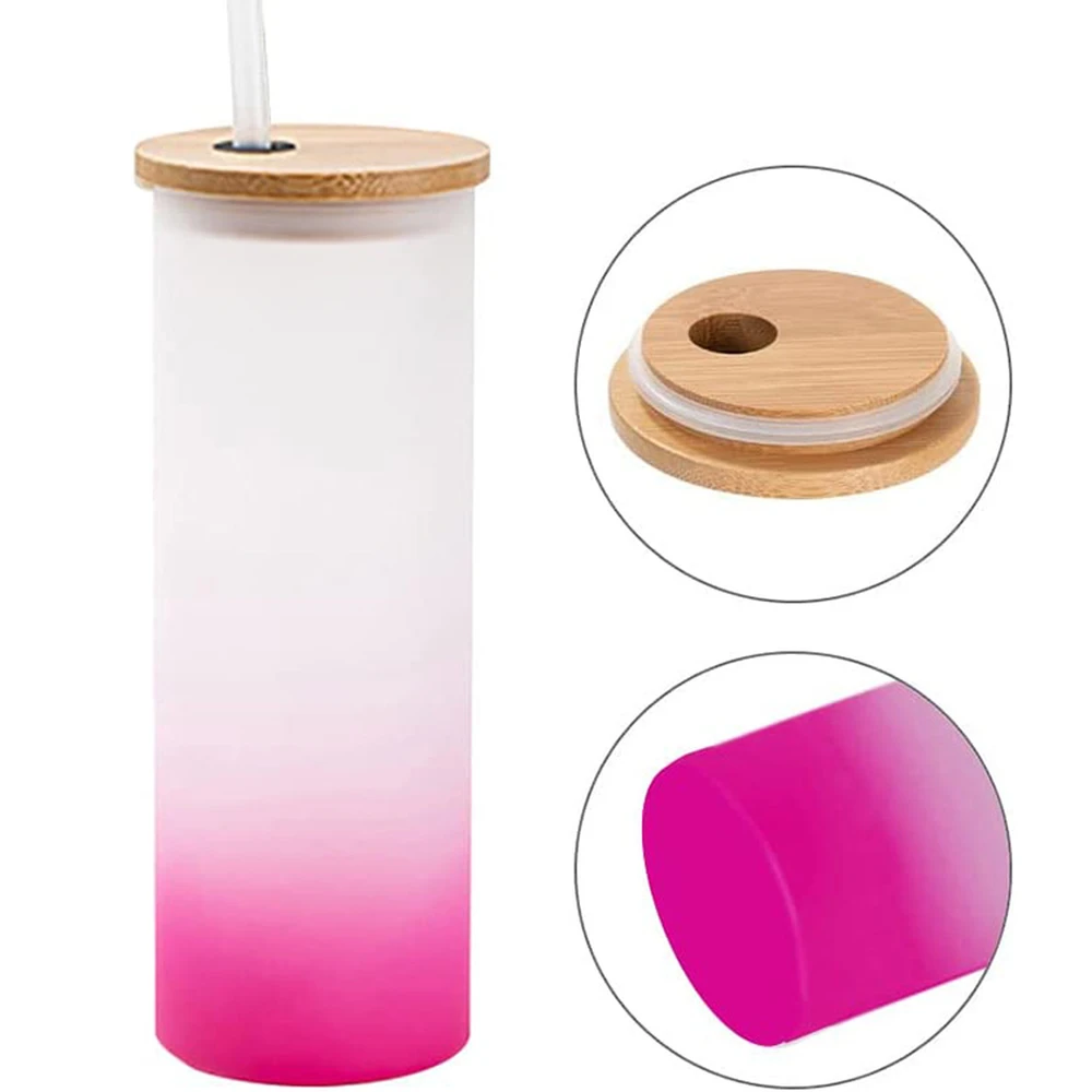 Vaso de Vidrio con Tapa de Bambú Rosado Degradado 15 oz | Sublimable